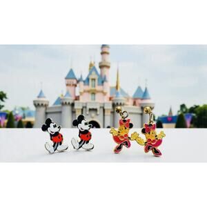2 Pairs Vintage Disney Mickey Mouse & Minnie Mouse Enamel Post Earring Gold Tone